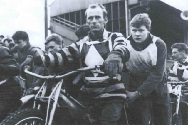 A teenage Ronnie Allan pushes off visiting Newcastle Diamonds' rider Goog Allan