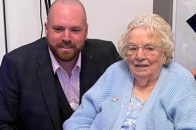 Elizabeth with Ryan Wallace at her 90th birthday party