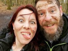 Emily Smith, said: "My crazy husband makes me happy! Here we are on a recent walk after getting into a mud fight! Got some strange looks of people."