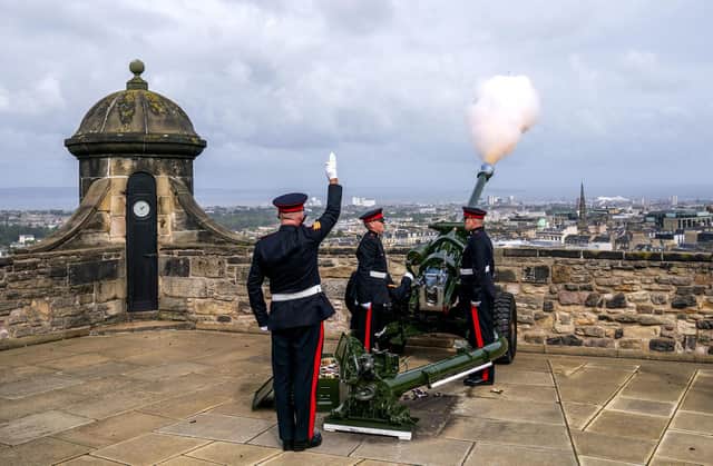 Members of 105 Regiment Royal Artillery, Army Reserves, during the Gun Salute at Edinburgh Castle to mark the death of Queen Elizabeth II on Thursday. (Photo: Jane Barlow/PA Wire)