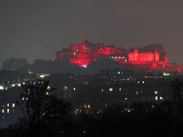 Edinburgh Castle lit up in red to show support for Appeal for Afghanistan