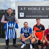 Picture shows from left to right, John Allan, sales manager at AF Noble & Son, Penicuik Athletic players, Paul Thomson, Robert Watt and Dave Edwards and Colin Noble Jnr of AF Noble & Son.