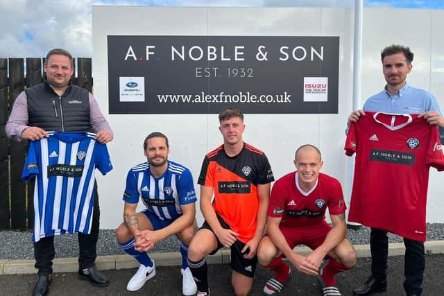 Picture shows from left to right, John Allan, sales manager at AF Noble & Son, Penicuik Athletic players, Paul Thomson, Robert Watt and Dave Edwards and Colin Noble Jnr of AF Noble & Son.