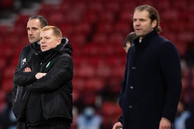 Neil Lennon and Robbie Neilson during the final at Hampden.