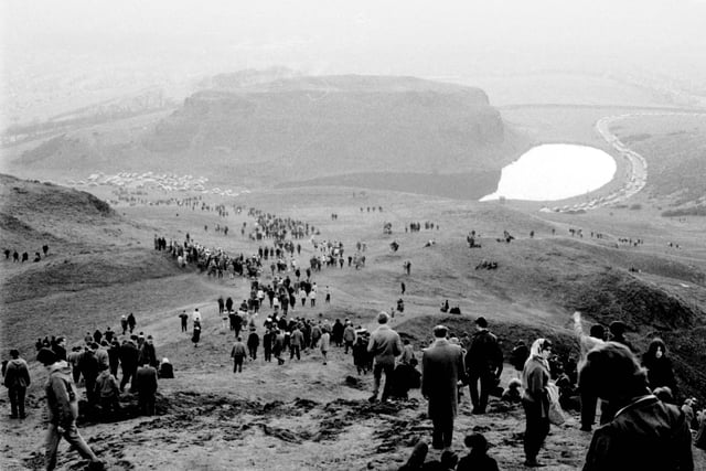 A view of crowds on Arthur's Seat at the May Day Sunrise Service in 1964.
