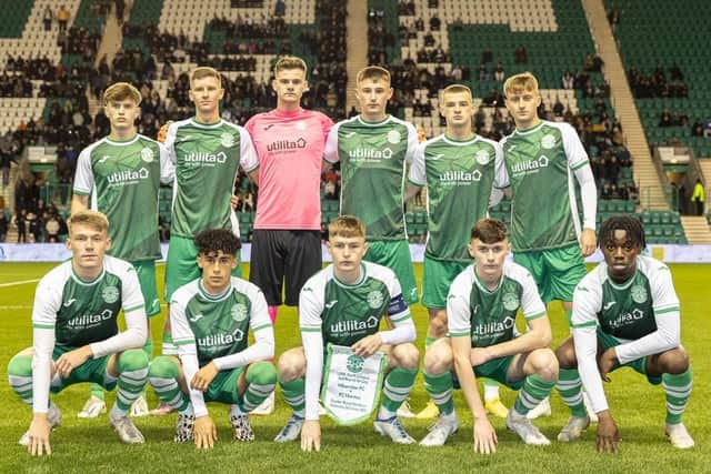 Hibs Under-19s line up before their UEFA Youth League second round first leg clash with Nantes at Easter Road. Picture: Hibernian FC