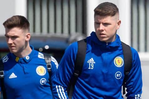 Scotland's Kevin Nisbet (R) and Kieran Tierney are pictured as Scotland depart for Spain from Glasgow Airport, on May 27, 2021, in Glasgow, Scotland.  (Photo by Craig Foy / SNS Group)