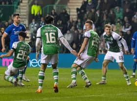 Antonio Colak fires Rangers into a 4-1 advantage at Easter Road. Picture: SNS
