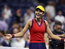 Emma Raducanu of Great Britain celebrates defeating Maria Sakkari of Greece at the US Open.
