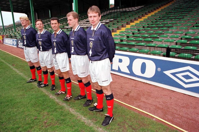 Colin Hendry, Kevin Gallacher, John Collins, Gordon Durie and Tom Boyd launch the new Scotland kit at Easter Road in 1998