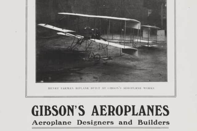An advertisement for Gibson's aeroplanes, showing one of their Henri Farman models.