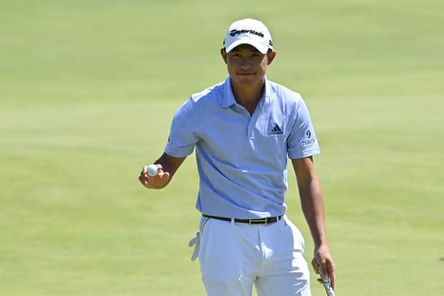Collin Morikawa reacts after finishing his second round in the 149th Open at Royal St George's in Kent. Picture: Paul Ellis/AFP via Getty Images.