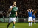 Hibernian's Mykola Kukharevych celebrates making it 1-0 to the hosts against St Johnstone. Picture: SNS