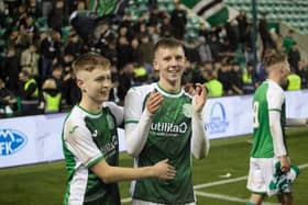 Ethan Laidlaw celebrates Hibs' UEFA Youth League win against Molde with Murray Aiken. Picture: Maurice Dougan