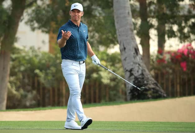 Paul Casey reacts after chipping in for birdie on the fourth during the final round of the Omega Dubai Desert Classic at Emirates Golf Club. Picture: Andrew Redington/Getty Images.