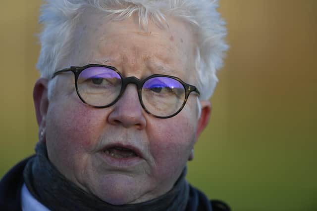 Scottish author Val McDermid speaks to press after a friendly match between McDermid Ladies and Livingston at the Windmill Community Campus, on Sunday in Kirkcaldy, Scotland. (Photo by Rob Casey / SNS Group)