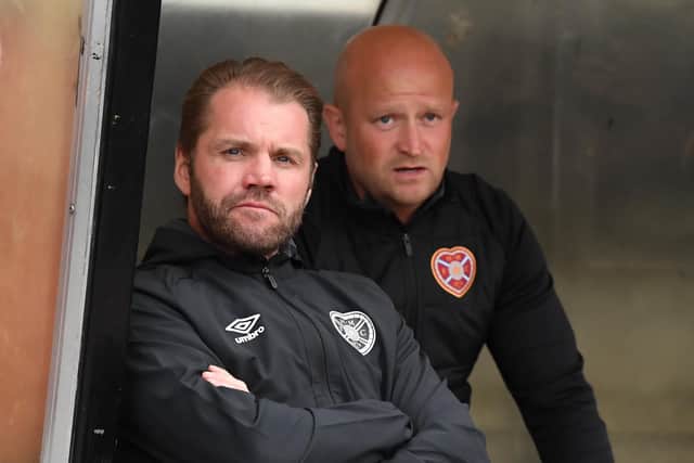 Hearts manager Robbie Neilson and coach Gordon Forrest take in Tuesday's 7-0 win over East Fife at Bayview. Picture: Ross Parker / SNS