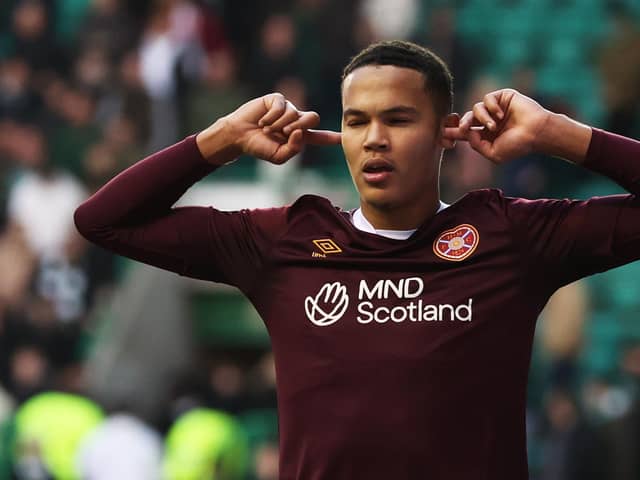 Toby Sibbick celebrates making it 3-0 Hearts during the Scottish Cup fourth round match against Hibs.