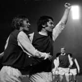 Jimmy O'Rourke, right, and Alex Cropley celebrate the winning goal