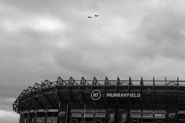 Two RAF Typhoons fly over BT Murrayfield as they roar through the skies above Edinburgh to mark VE Day.