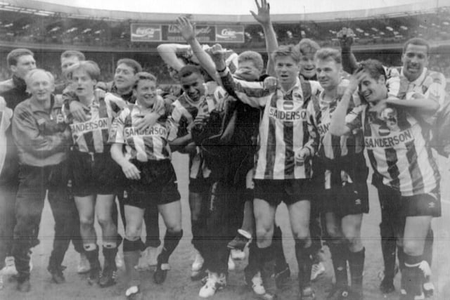 Wednesday's triumphant team celebrate after beating the Blades in the all-Sheffield FA Cup semi-final at Wembley in April 1993.