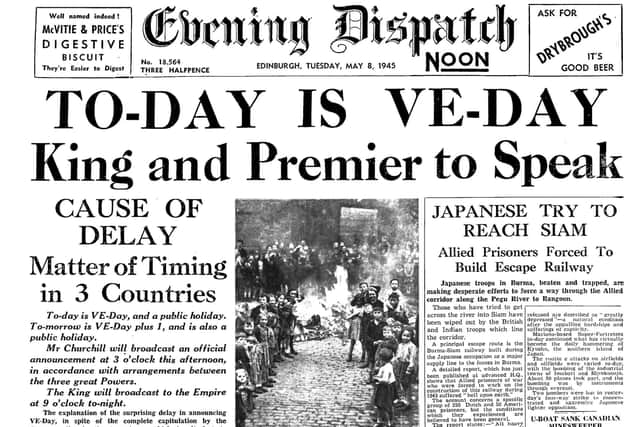 Front page of the Evening Dispatch - which would later merge with the Evening News - on VE Day 1945.