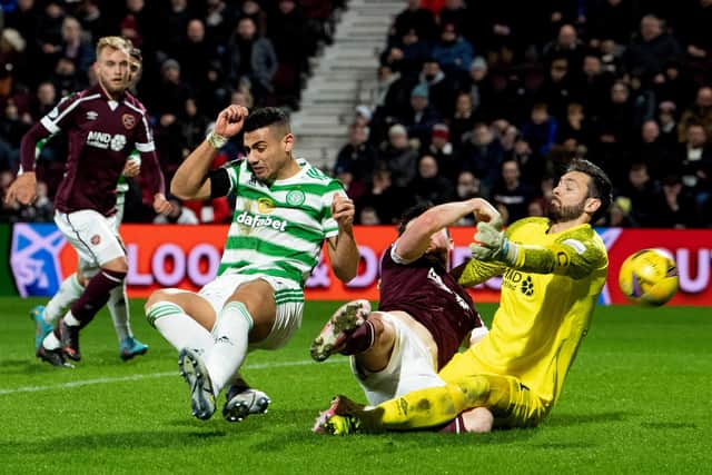 Giorgios Giakoumakis scores to make it 2-0 to Celtic in the first half at Tynecastle Park. Picture: SNS