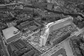 An aerial shot of new flats being built at Cables Wynd as part of the redevelopment of Leith in May 1965.