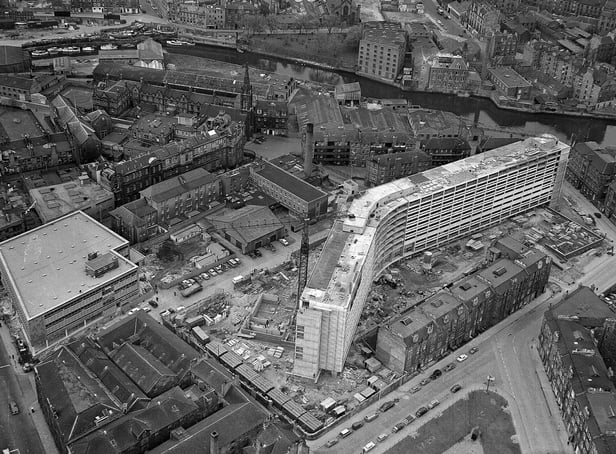 An aerial shot of new flats being built at Cables Wynd as part of the redevelopment of Leith in May 1965.