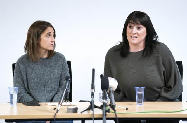 Louise Slorance, left, wife of the late Andrew Slorance, and Kimberly Darroch, mother of ten-year-old MIlly Main, who died after contracting an infection at the Queen Elizabeth University Hospital campus (Picture: Jane Barlow/PA Wire)