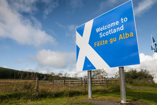"Welcome to Scotland" sign showing saltire flag emblem at roadside on Scotland/England border.  Picture: Getty Images.