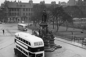 The Gladstone Memorial at the junction of George Street and St Andrew Square in 1953 shortly before it was moved to Coates Crescent.