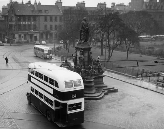 The Gladstone Memorial at the junction of George Street and St Andrew Square in 1953 shortly before it was moved to Coates Crescent.