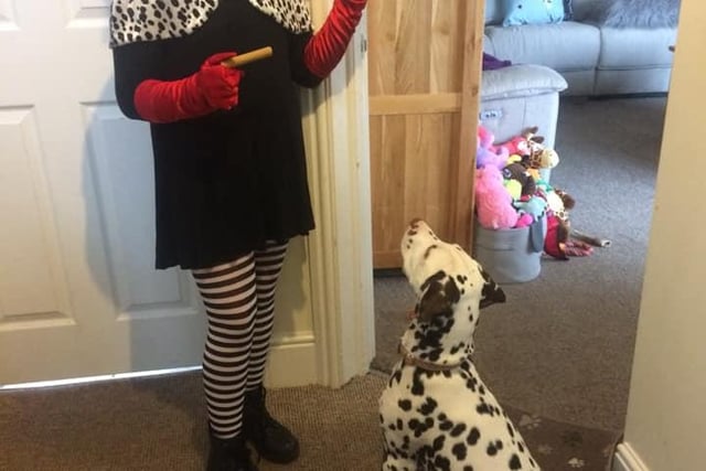 Jasmine Robinson as Cruella de Vil with her dalmatian pup Daisy