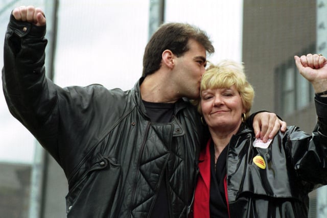 Scottish politician Tommy Sheridan leaves Saughton prison in July 1992 after being jailed for refusing to pay the Poll Tax. Tommy hugs his mother Alice Sheridan.