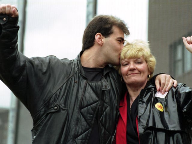 Scottish politician Tommy Sheridan leaves Saughton prison in July 1992 after being jailed for refusing to pay the Poll Tax. Tommy hugs his mother Alice Sheridan.