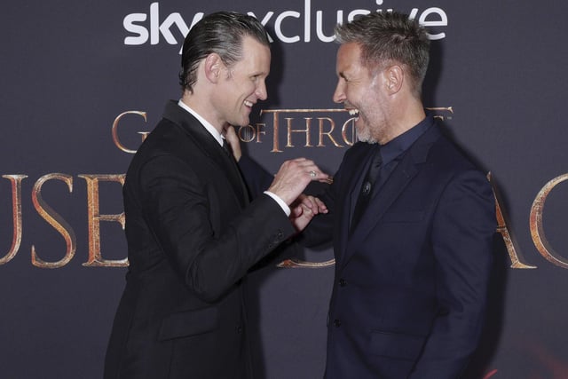 Matt Smith and Paddy Considine, who play brothers Daemon Targaryen and Viserys Targaryen, laugh together at the House of the Dragon premiere (Photo by Scott Garfitt/Invision/AP)