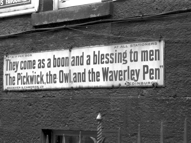 One of the enamelled advertisements on the frontage of Blair Street in Edinburgh promoting MacNiven & Cameron's  Pickwick, Owl and Waverley fountain pens. Picture taken in April 1982. 