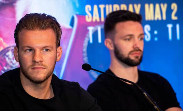 Ben Davison (left) and Josh Taylor during the press conference to launch the May 2 fight with Apinun Khongsong