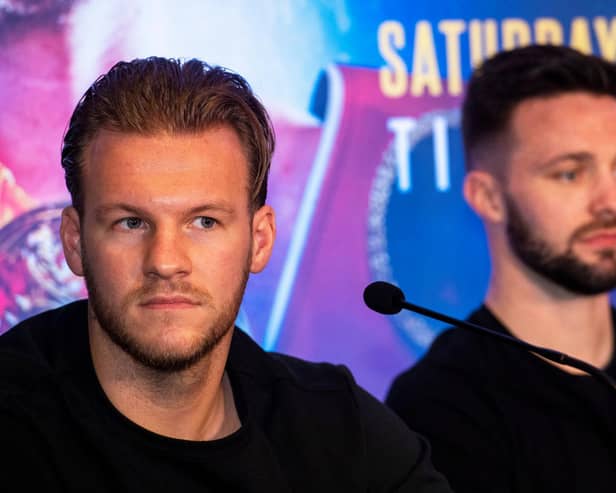 Ben Davison (left) and Josh Taylor during the press conference to launch the May 2 fight with Apinun Khongsong