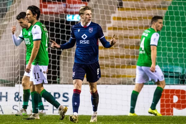 Ross County's Oli Shaw celebrates in subdued fashion after scoring to make it 2-0 in his side's league victory over former club Hibs. Photo by Ross Parker / SNS Group