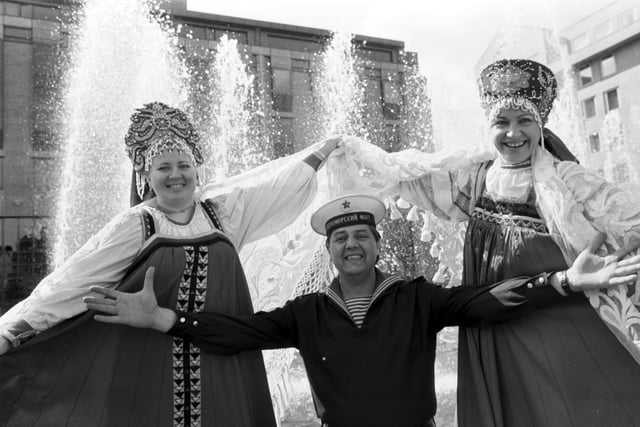 Russian folk singer Nadezhda Babkina brought her vocal ensemble 'Russkaya Pesnya' to Edinburgh in April 1989. Ms Babkina, wearing traditional costume, is pictured performing with the 'Red Navy Ensemble' in Festival Square.