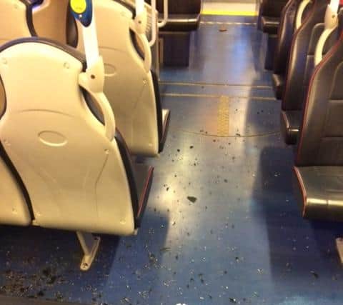 Glass was shattered across the middle of the tram, but did not injure anyone on board