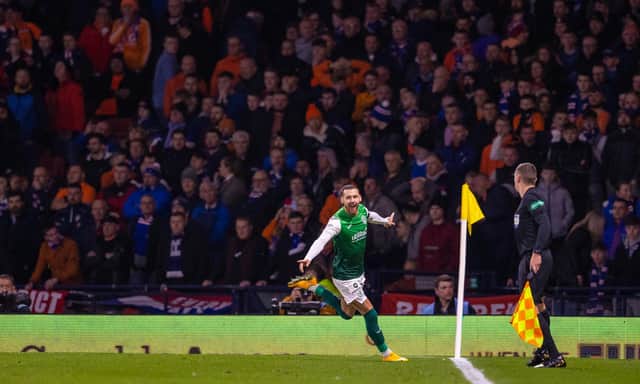 Martin Boyle celebrates scoring his second goal against Rangers in the Premier Sports Cup semi-final. Picture: SNS