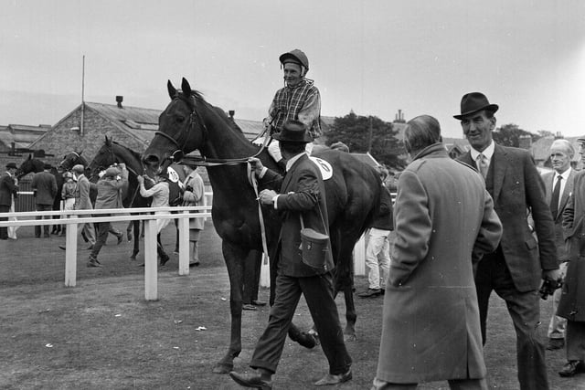 Australian jockey Russ Maddock on Garland Knight after winning the Edinburgh Gold Cup at Musselburgh Races in September 1964.