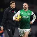 Martin Boyle celebrates his hat-trick with the match ball after Hibs defeated Rangers in the Scottish Cup semi-final. Picture: SNS