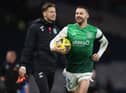 Martin Boyle celebrates his hat-trick with the match ball after Hibs defeated Rangers in the Scottish Cup semi-final. Picture: SNS