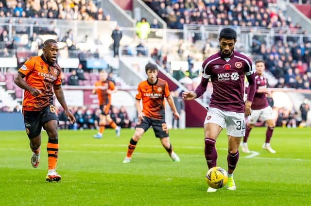 Josh Ginnelly in action during Hearts' 5-2 thumping of Dundee United at Tynecastle a fortnight ago. Picture: SNS