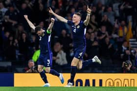 Scott McTominay celebrates putting Scotland 2-0 ahead against Georgia at Hampden Park. Picture: SNS