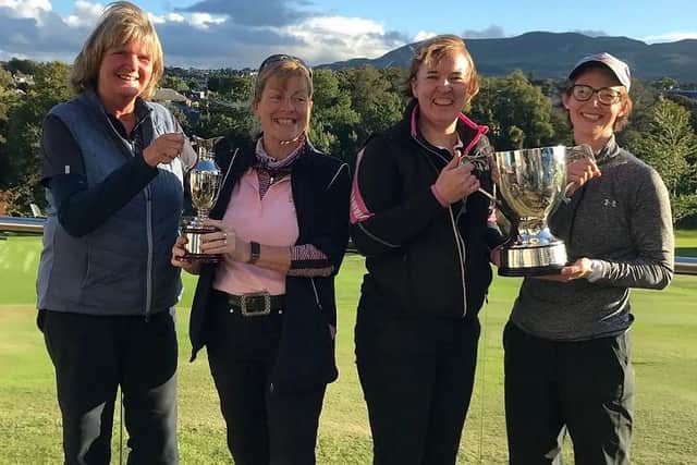 Merchants members enjoyed a double success in the City of Edinburgh Open Ladies Foursomes, with Jane MacDonald and Una Fleming, on the left, landing the Consolation Trophy and Sarah Stitchbury and Linsey Hunter, on the right, claiming the main prize, the Gibson Trophy.